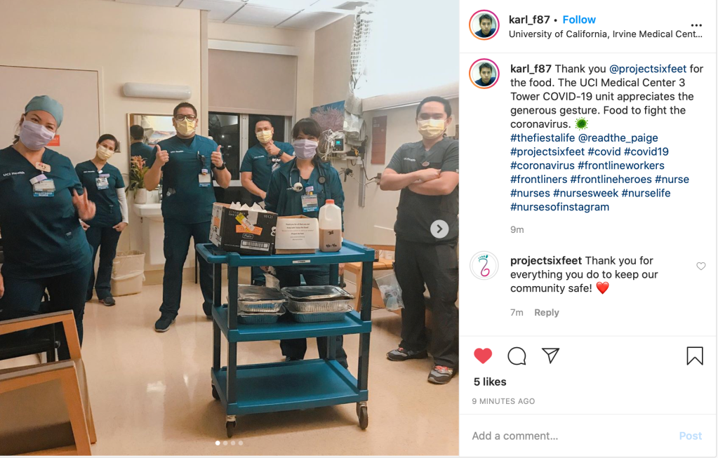 health care workers at uci medical center university of california irvine saying thank you to project six feet for delivering meals